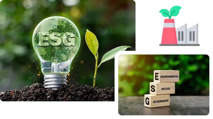 Visual metaphor for ESG importance: a lightbulb with "ESG" and a growing sapling, wooden blocks labeled Environmental, Social, Governance, and an icon of a low-carbon factory.