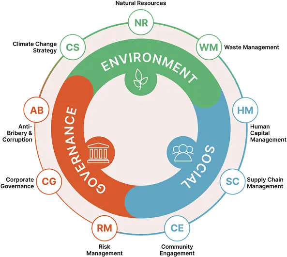 Infographic diagram showing the three pillars of ESG—Environmental, Social, and Governance—and their key components like Climate Strategy, Human Capital Management, and Risk Management.