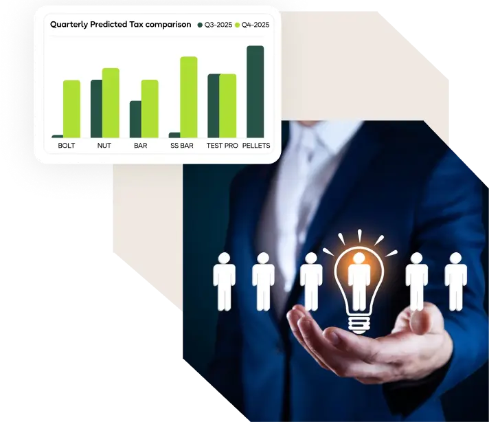 Composite image showing a revenue dashboard and a business professional holding a glowing lightbulb over team icons, symbolizing intelligence, financial growth, and expert consulting.