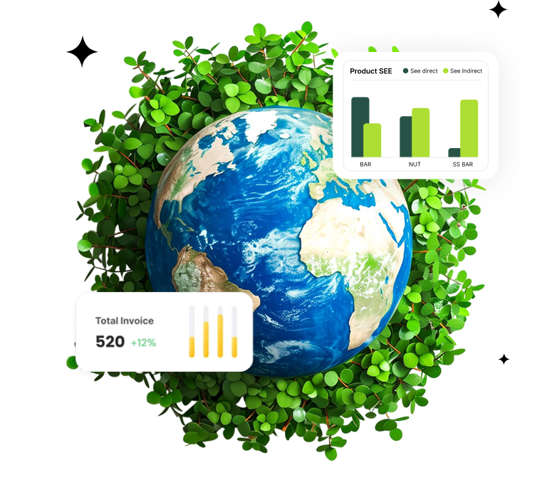 Stylized globe surrounded by green leaves with floating data dashboards, representing a platform for global carbon accounting, emissions tracking, and decarbonization.