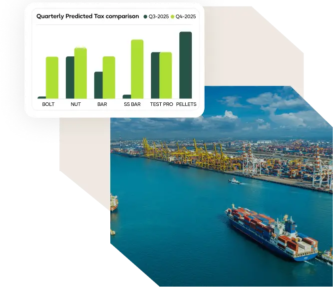 Shipping port in Indonesia with a cargo vessel and a revenue dashboard, illustrating the economic impact of CBAM on Indonesian exports like iron and steel.